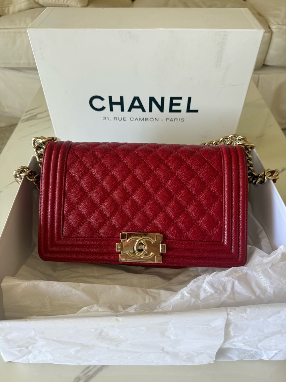 Chanel Medium Boy Bag – 20B Dark Red Caviar Leather with Light Gold Hardware